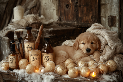 Adorable Golden Retriever Puppy with Vintage Items