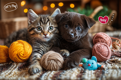 Adorable Kitten And Puppy With Yarn