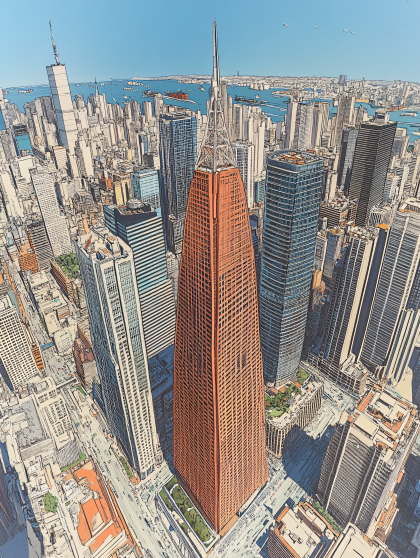 Aerial View Of Cityscape With Red Skyscraper