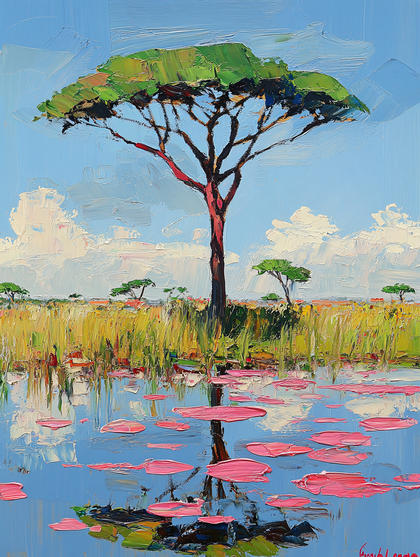 African Savanna Tree and Lily Pads