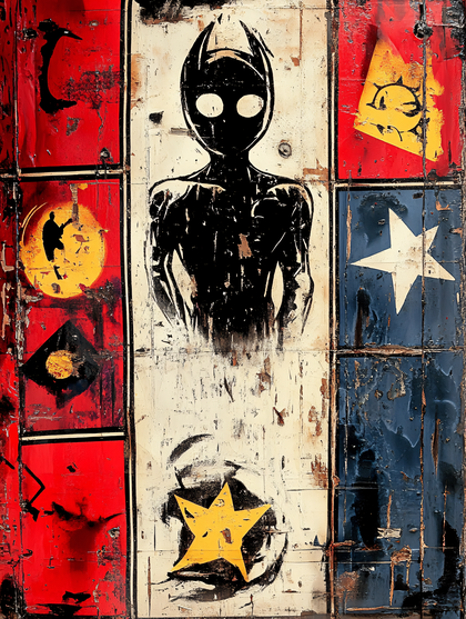 Alien Figure on Distressed Panels