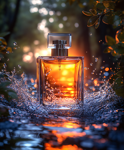 Amber Perfume Bottle In Water Splash
