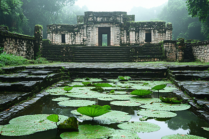 Ancient Stone Temple and Lily Pond