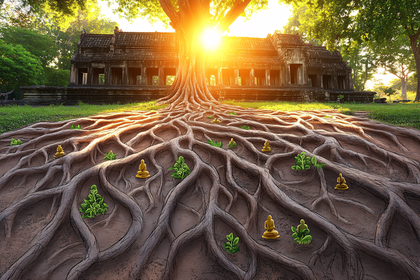 Ancient Tree Roots With Buddha Statues And Temple