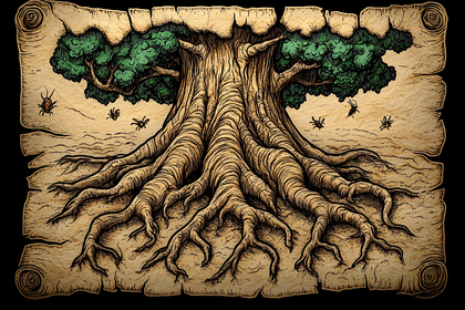 Ancient Tree with Roots and Insects