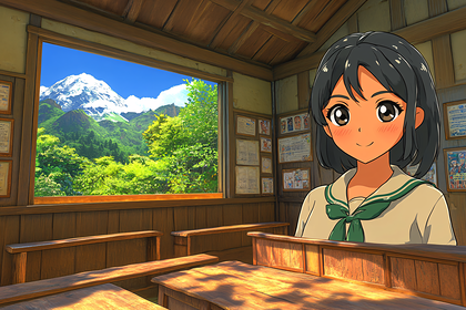Anime Girl in Classroom with Mountain View