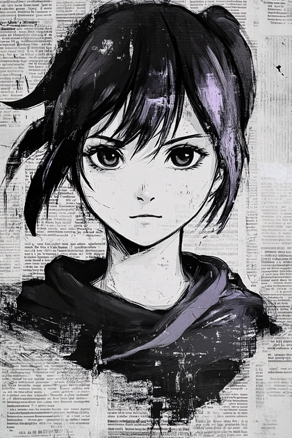 Anime Girl Portrait on Newspaper Background