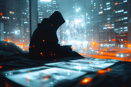 Anonymous Figure Contemplating Family Image in Urban Setting