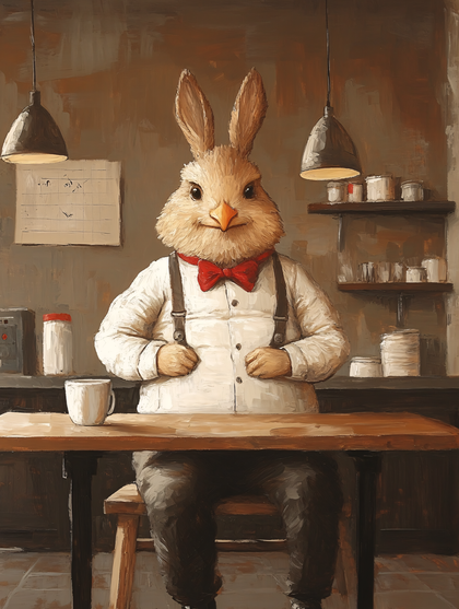 Anthropomorphic Rabbit Waiter at Table