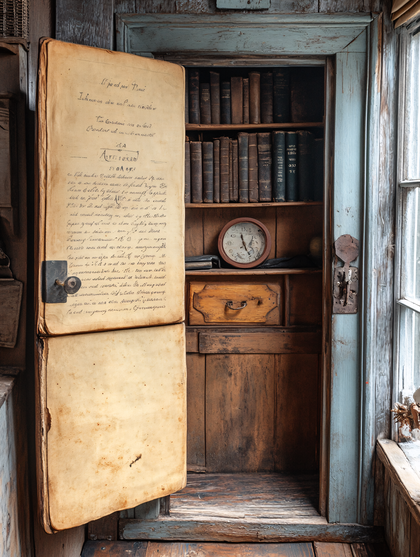 Antique Bookcase with Open Journal
