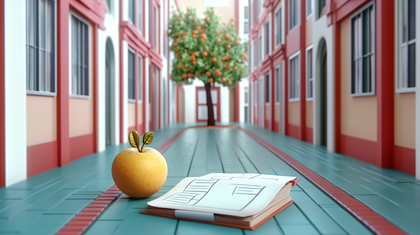 Apple and Book on Cobblestone Street