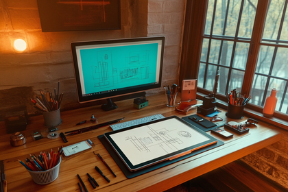 Workspace with Architectural Drawings on Computer and Tablet