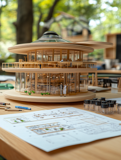 Architectural Model and Blueprints on Wooden Table
