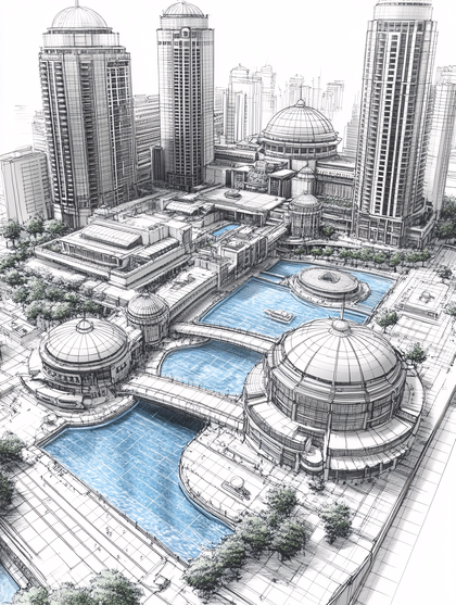 Architectural Sketch Of Cityscape With Water Feature