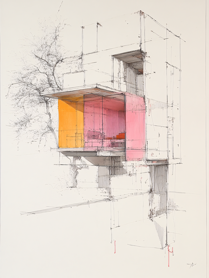 Architectural Sketch With Orange And Pink Accents