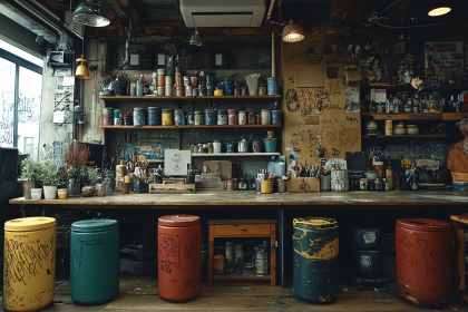 Busy Artist Studio with Art Supplies and Colorful Stools