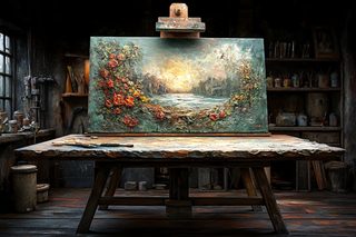 Floral Landscape Painting on Easel in a Rustic Studio