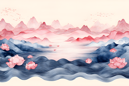 Asian Landscape with Lotus Flowers