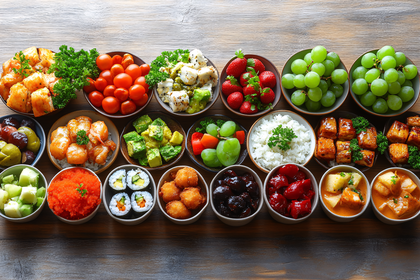 Assorted Food Bowls on Wooden Surface