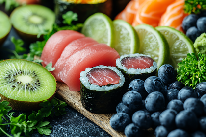 Assorted Sushi and Fresh Fruits