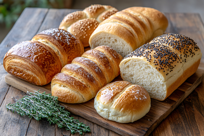 Assortment Of Freshly Baked Bread On Wooden Board