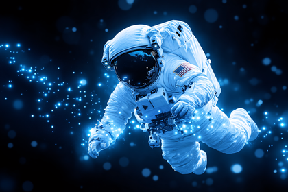 Astronaut Amidst Glowing Blue Particles in Space