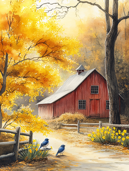 Autumn Barn With Bluebirds