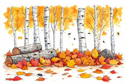 Autumn Birch Trees and Leaves Watercolor