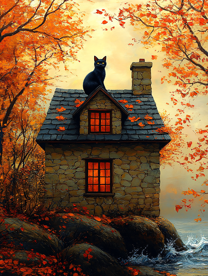 Autumn Black Cat On Stone Cottage