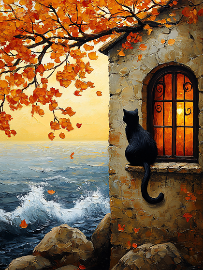 Autumn Cat by the Sea