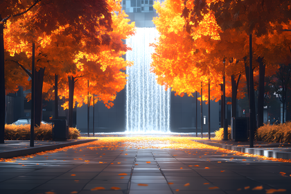Autumn Cityscape with Waterfall
