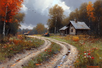 Autumn Country Road Cabin