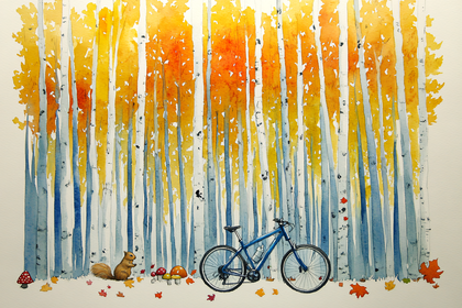 Autumn Forest Scene with Bicycle and Squirrel