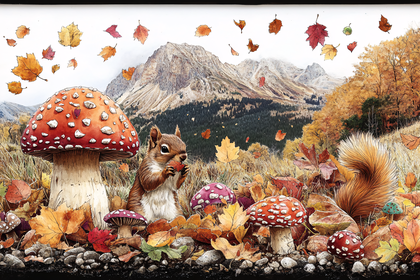 Autumn Forest Scene with Squirrel and Mushrooms