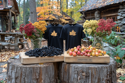 Autumn Harvest Display With Maple Leaf T-Shirts