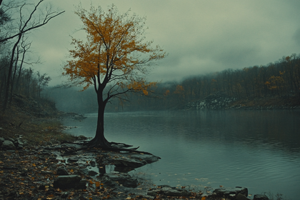 Autumn Lake Landscape with Fog