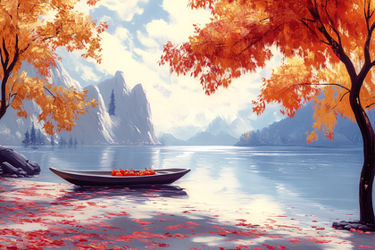 Autumn Lake with Boat and Pumpkins