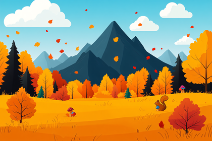 Autumn Landscape with Squirrel and Mountains
