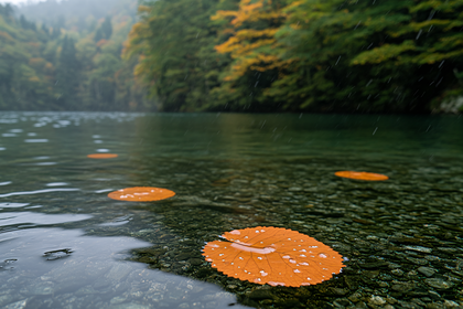 Autumn Leaves Floating on Clear Lake Water