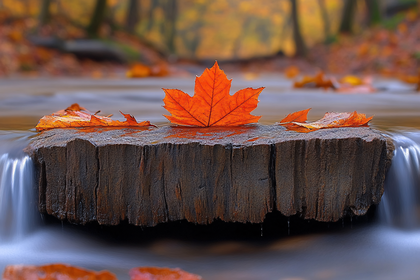 Autumn Leaves on Wooden Block