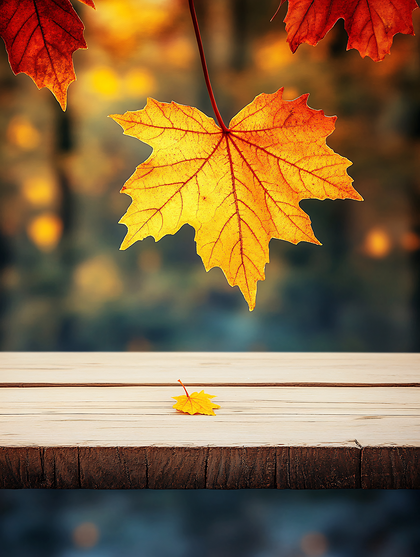 Autumn Maple Leaf on Wooden Table