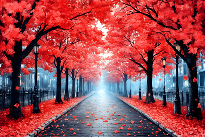 Autumn Path with Red Trees