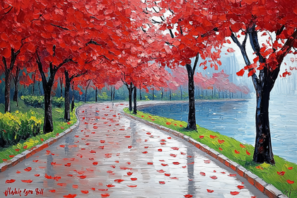 Autumn Red Trees Park Path