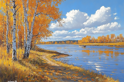 Autumn River Scene with Birch Trees