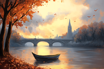 Autumn River Scene with Bridge