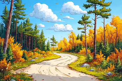 Autumn Road Through Forest