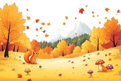 Autumn Scene With Squirrel And Mushrooms
