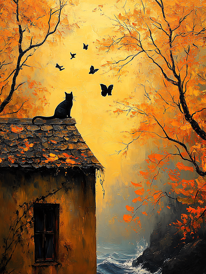 Autumn Sunset Cat on Rooftop