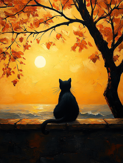 Autumn Sunset With Black Cat