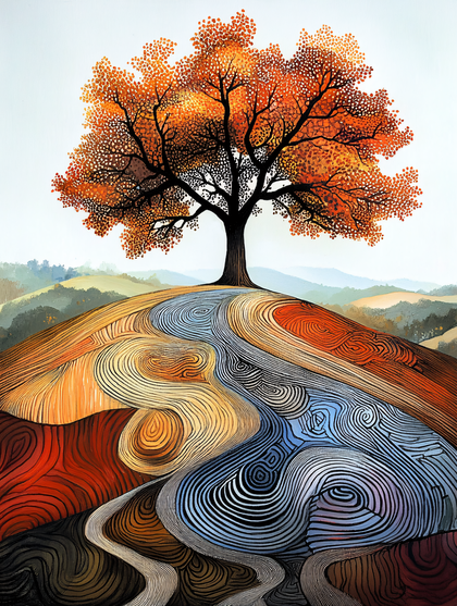 Autumn Tree on Swirling Hill